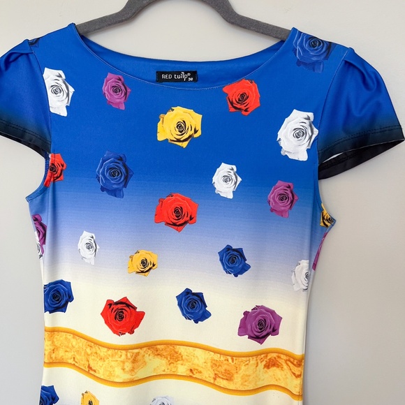 Red Tulip Mini Bodycon Stretch Floral Summer Dress Blue Multicolor Roses Dali 4 - Picture 13 of 16